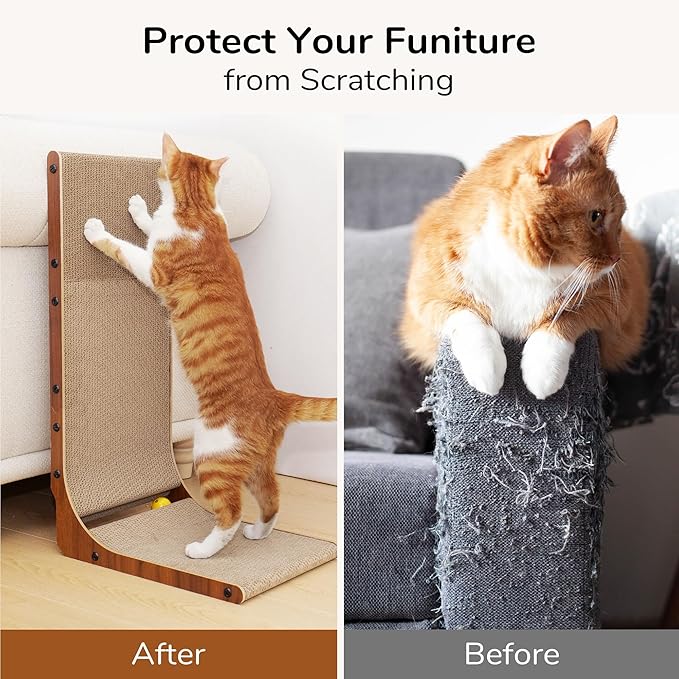 FUKUMARU Cat Scratcher, 26.8 Inch Cat Scratch Pad for Indoor Cats, L Shaped Cardboard Vertical Cats Scratching Board with Ball Toy, Walnut Color, 1 Pack