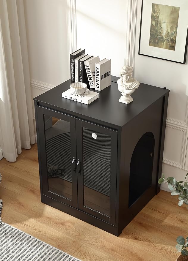 Cat Litter Robot Enclosure with Glass Cat-Observant Doors,Litter Robot Cabinet with Reversible and Optional Entry(Left or Right),Cozy LED for Cats,Power Outlet for More Choice, Black