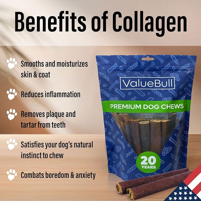 ValueBull USA Collagen Sticks for Dogs, 6 Inch Jumbo Chews, Natural Long-Lasting Dog Treats, 100 Count Bulk Pack - Promotes Joint, Skin & Coat Health with Glucosamine and Chondroitin