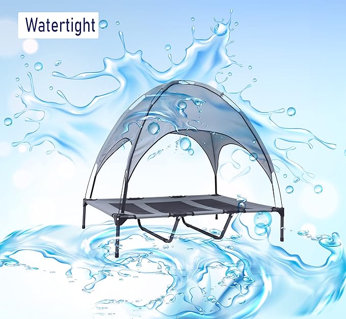 Outdoor XLarge Elevated Dog Bed with Canopy- Durable Oxford Fabric Chew Proof Waterproof Raised Portable Camping Dog Beds Cots with Removable Cover Shade