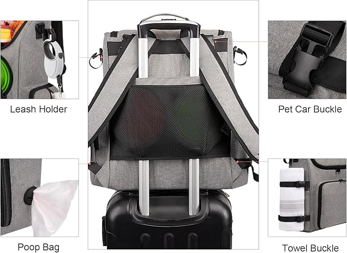 Modoker Dog Travel Bag Backpack, Airline Approved Pet Accessories Organizer for Dog and Cat with Shoulder Strap, 2 Dog Food Storage Containers, 2 Collapsible Dog Bowls,1 Pet Mat, Grey