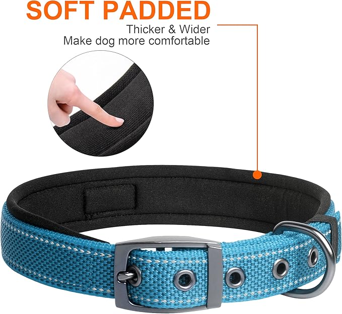 Fida Heavy Duty Dog Collar, Ultra Comfortable Soft Neoprene Padded, Adjustable Reflective Nylon Pet Collar with Durable Metal Belt Buckle for Medium Breeds (M, Blue)