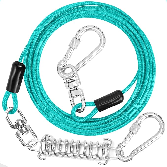 jenico Dog Tie Out Cable, 10/15/20/30/40/50/70/100/150FT Runner Cable with Swivel Hook and Shock Spring, Dog Leash Run Tether for Yard Outdoor and Camping,for Small to Medium Pets Up to 500 LBS