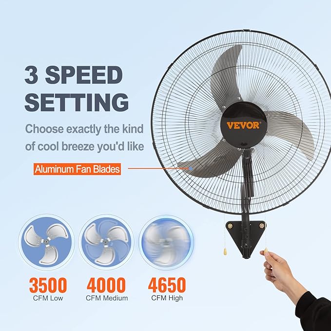 VEVOR 20 inch Wall Mount Fan Oscillating, 3-speed High Velocity Max. 4650 CFM Industrial Wall Fan for Indoor, Commercial, Residential, Warehouse, Greenhouse, Workshop, Basement, Black, ETL Listed