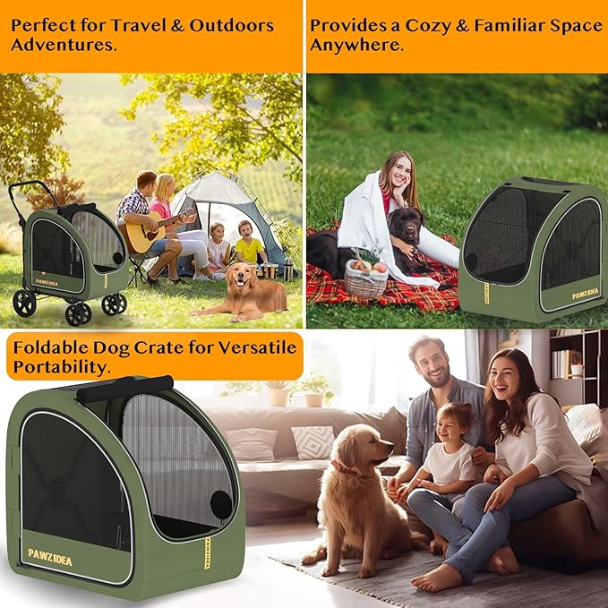 PAWZIDEA Dog Stroller for Large Dogs, Collapsible Pet Stroller with Detachable Carrier, Portable Dog Crate for Car Seat, Adjustable Handle, All-Terrain 9” Wheels, Ideal for Travel & Outdoor Adventures