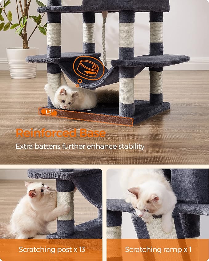 Feandrea Cat Tree, 66.1-Inch Large Cat Tower with 13 Scratching Posts, 2 Perches, 2 Caves, Basket, Hammock, Pompoms, Multi-Level Plush Cat Condo for Indoor Cats, Smoky Gray UPCT165G01