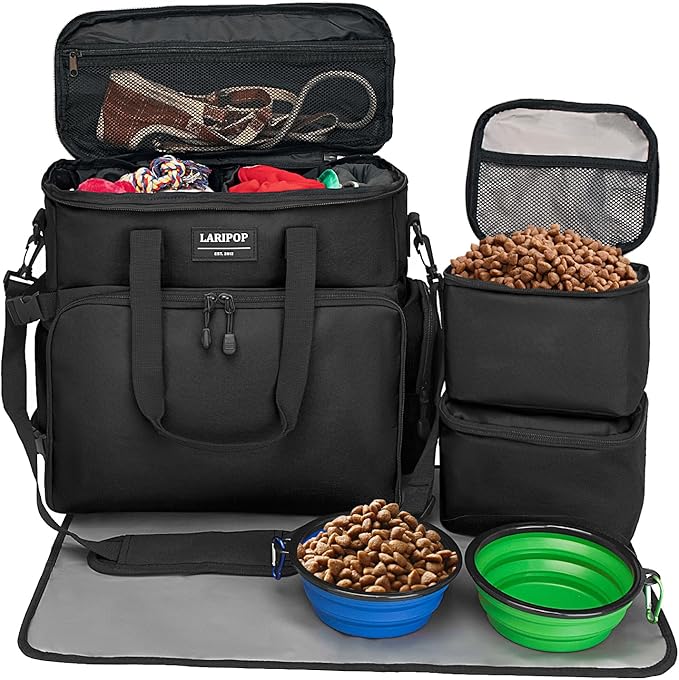 Dog Travel Bag,Weekend Pet Travel Bag Set for Dog and Cat,Airline Approved Tote Multi-Function Dog Bags for Traveling,Include 2 Collapsible Bowls,2 Food Storage Containers,1 Feeding Mat,Black