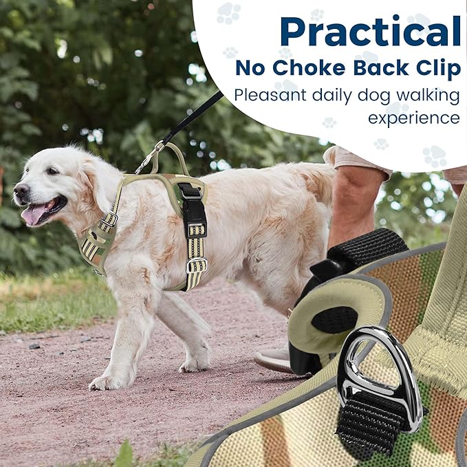 Funfox Dog Harness No Pull, Adjustable Pet Vest Harness, Super Soft Material with Vertical Handle Easy Control, Reflective Night Walking, 2 Leash Clips for Large Dogs, Camo Green, L