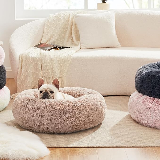Love's cabin Calming Cat Bed for Indoor Cats,Anti-Anxiety Donut Round Dog Bed,Fluffy Faux Fur Washable Pet Bed for Small Medium Dogs and Cats,Bluish Grey,24in