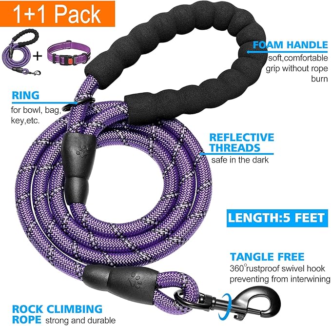 Heavy Duty Dog Leash - Comfortable Padded Handle, 5 ft Long - Dog Leashes for Small Medium Large Dogs (Leash+Collar M Neck 16"-20", Purple)