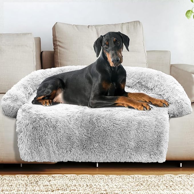 GGIB Calming Dog Bed Fluffy Plush Dog Mat for Furniture Protector with Removable Washable Cover for Large Medium Small Dogs and Cats (Extra Extra Large, Light Grey)