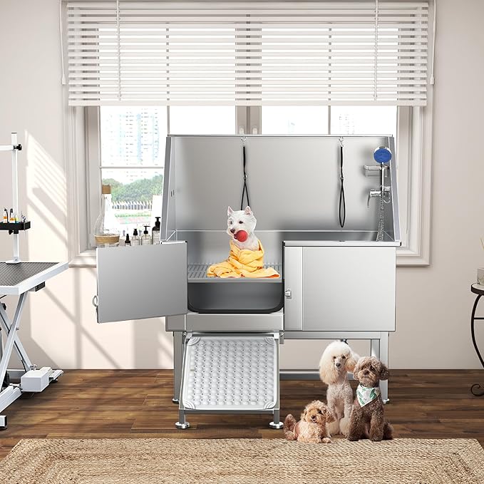 YITAHOME 50in Dog Bathing Station, Professional Stainless Steel 304 Dog Bathtub, Pet Grooming Tub w/Left Ramp, Floor Grate, Faucet, Pet Washing Station for Large, Medium, Small Pets, Indoor, Outdoor
