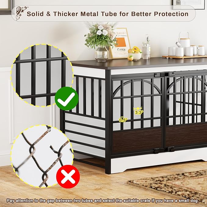 COZPAW 86 Inch Double Dog Crate Furniture for 2 Large Dogs, Decorative Dog Kennel Indoor TV Stand, Heavy Duty Wooden Dog Cage for Large Medium Dogs Sized Dog Pet House with Divider (White)