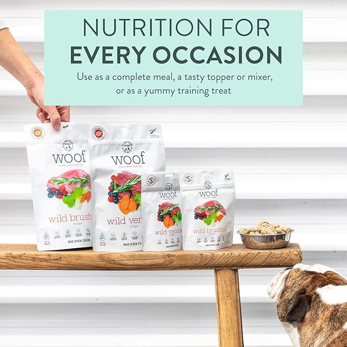 Woof Freeze Dried Dog Food - Wild Venison, High Protein, Dog Food Topper & Dog Treats, All Life Stages, 1.76 oz