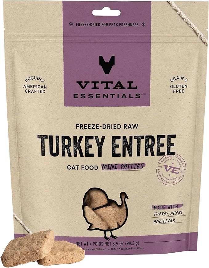 Vital Essentials Freeze Dried Raw Cat Food, Turkey Mini Patties Entree, 3.5 oz
