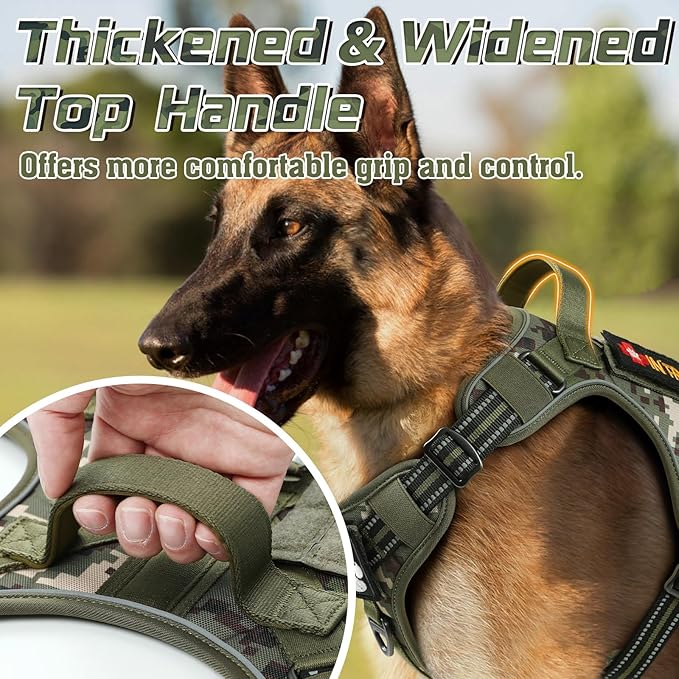 rabbitgoo Tactical Dog Harness for Large Dogs, No Pull Military Service Vest with Handle & Molle, Easy Control for Training Walking, Adjustable Reflective Straps, Green camo, L
