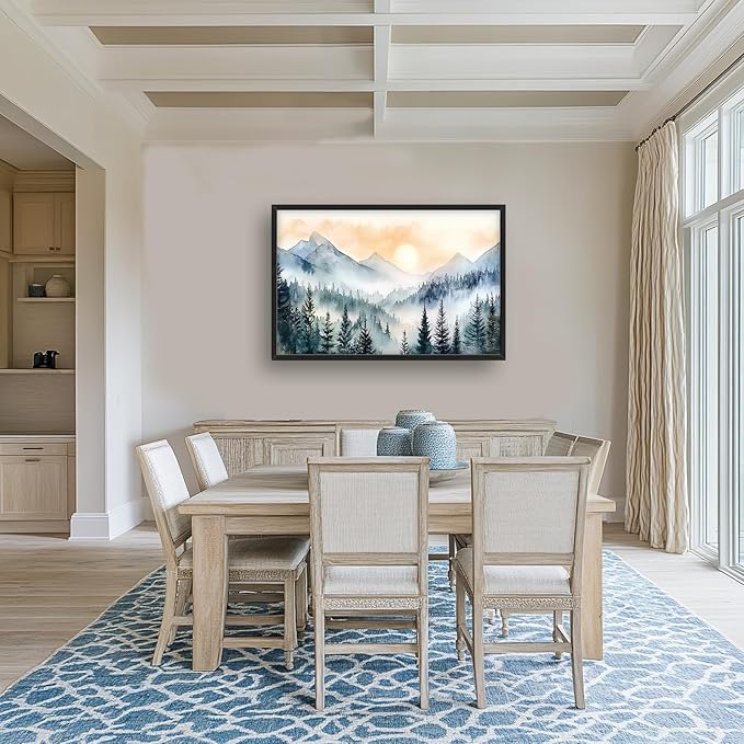 Large Misty Mountain Forest Wall Art for Living Room, Framed Foggy Sunrise Landscape Wall Decor Oversized Watercolor Canvas Painting Modern Artwork Home Decoration for Bedroom Office 36"x24"