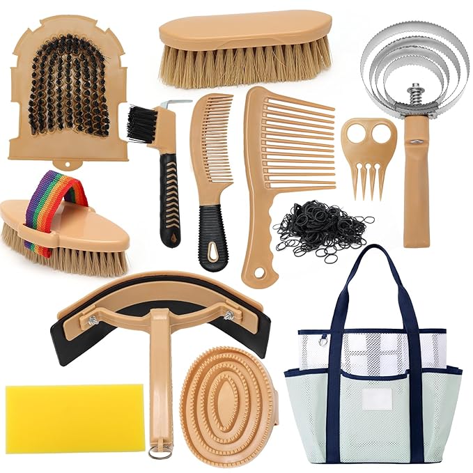 Horse Grooming Kit for Bathing, 13Pcs Horse-Brush Set with Mesh Bag, Shower Brushes, Braiding and Curry Comb, Sweat Scraper, Hoof Pick, Shedding Massaging Tool Supplies for Riders Beginners