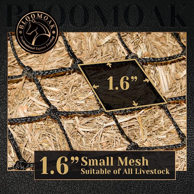 Bloomoak Slow Hay Net Feeder for Horses, Durable Soft Black PE 2/3 String Hay Bales Bags, Fit 36x18x18 to 47x25x17 Inches, Extends 50-64 Inches (2 1.6" Hole/1PC)