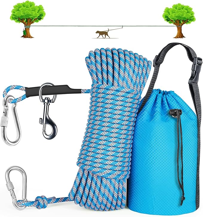 Tresbro Dog Camping Leash, 50ft/75ft/100ft Trolley System for Dogs up to 300lbs, Portable Lightweight Dog Runner Lead for Yard, Reflective Tie Out Cable for Camping, Courtyard, Park, Outside