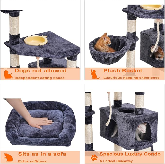 Heybly Cat Tree, Cat Tower for Indoor Cats with Scratching Board, Multi-Level Cat Furniture Condo with Feeding Bowl, Smoky Gray HCT010G