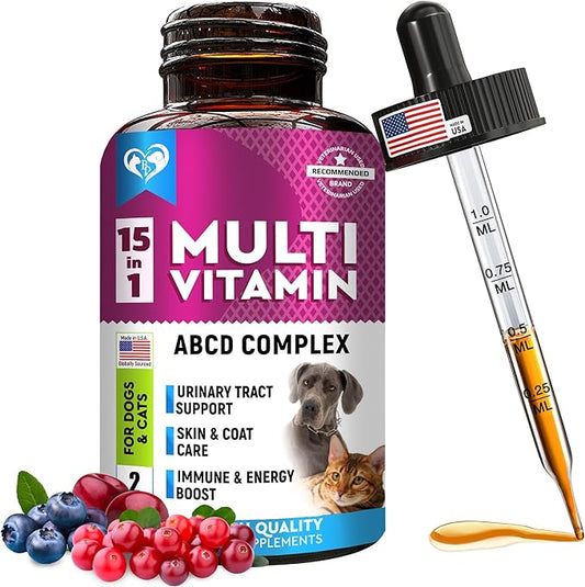 Cat & Dog Multivitamin Liquid with Glucosamine & Cranberry | 15 in 1 Health Supplements for Urinary Tract Kidney, Bladder, Hip & Joint, Skin & Coat | Natural UTI Medicine Made in USA (60 ml)