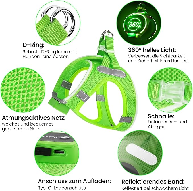 Pceotllar LED Dog Harness - Rechargeable, Flashing Light, No Pull, Reflective - Small/Medium, (Green S)