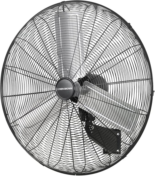 KEN BROWN 30 Inch Industrial Oscillating Wall Mount Fan - 7497 CFM High Velocity, Heavy Duty Metal Construction, 2 Speed Settings, Black