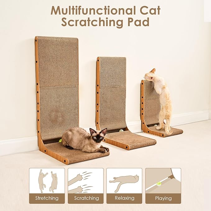 EHEYCIGA Cardboard Cat Scratcher for Indoor Cats, 26.8 Inch L Shaped Vertical Cat Scratching Board with Ball Cat Toy, Large Cat Scratcher Pad, Brown