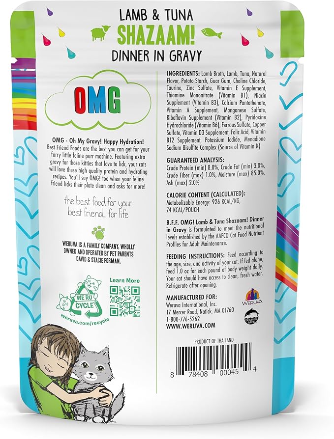 Weruva B.F.F. OMG - Best Feline Friend Oh My Gravy!, Shazaam! with Lamb & Tuna in Gravy Cat Food, 2.8oz Pouch (Pack of 12)