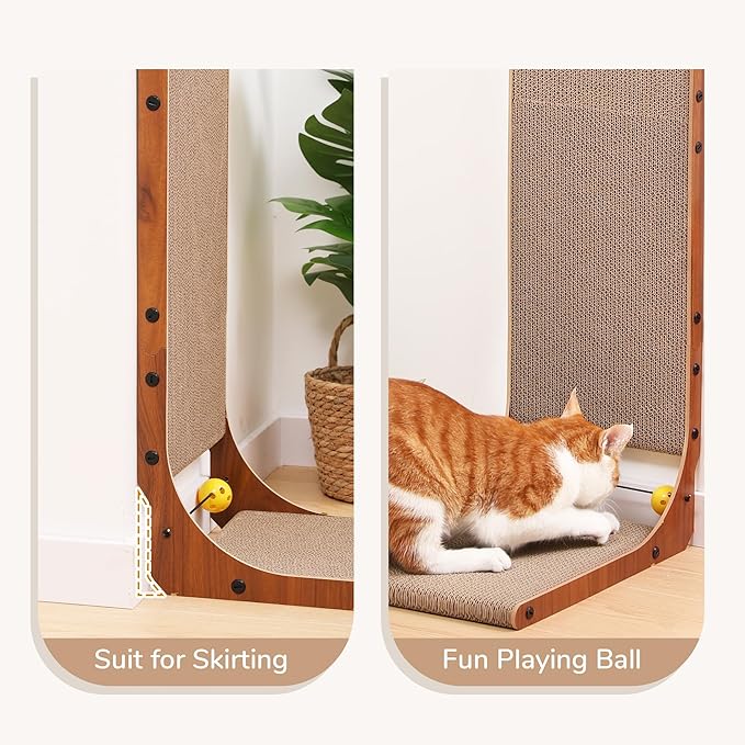 FUKUMARU Cat Scratcher, 26.8 Inch Cat Scratch Pad for Indoor Cats, L Shaped Cardboard Vertical Cats Scratching Board with Ball Toy, Walnut Color, 2 Packs