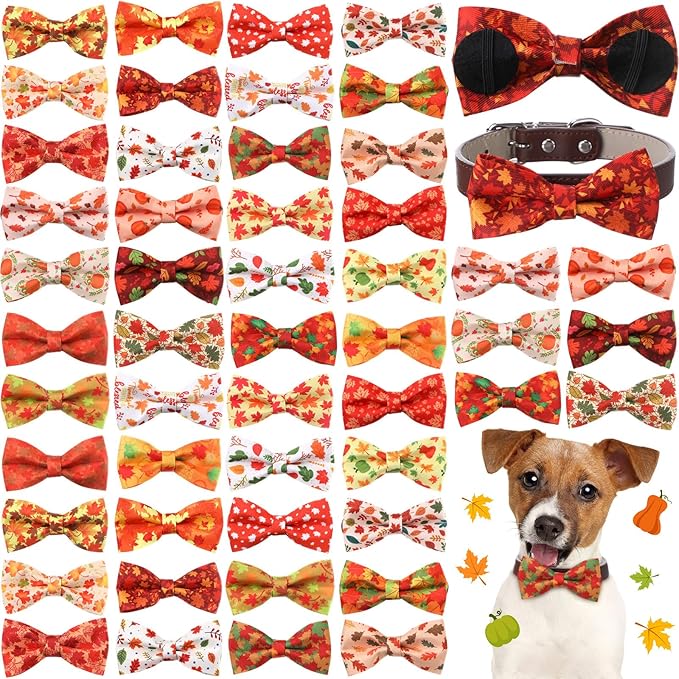 Hillban 50 Pcs Fall Collar Dog Bow Ties Maple Leaves Dogs Collar Accessories Pets Bow Ties Attachment with Elastic Bands Detachable Charms for Doggie Fall Autumn Costume