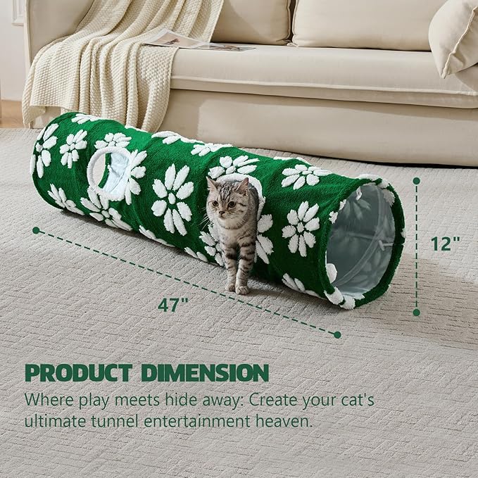 Straight Cat Tunnel for Indoor Cats 47"x12", Cute Cat Toys Collapsible Tunnel Tube with Balls for Puppy Kitten Rabbit, Green Flower