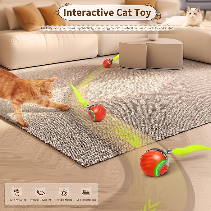 Speedy Tail 2.0 Interactive Cat Toy – Smart Self-Rolling Cat Ball with Feather Tail, Automatic Moving Motorized Toy for Indoor Cats, Chasing & Hunting Fun (Orange)