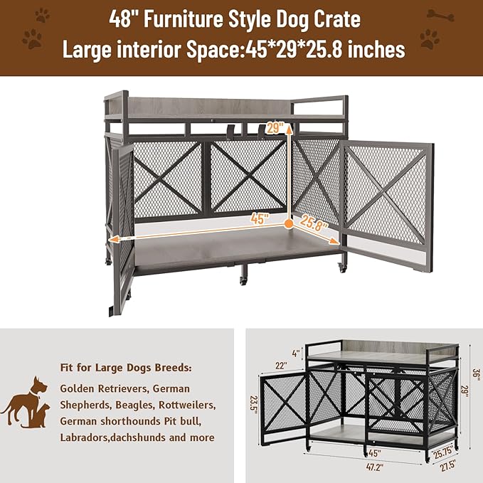 COZPAW Large Dog Crate Furniture, 48 Inch Wooden Dog Kennel for XLarge Dogs, Heavy Duty Dogs Furniture Indoor Wire Dog Cage with Caster Wheels,Decorative Pet House End Table, Textured Gray