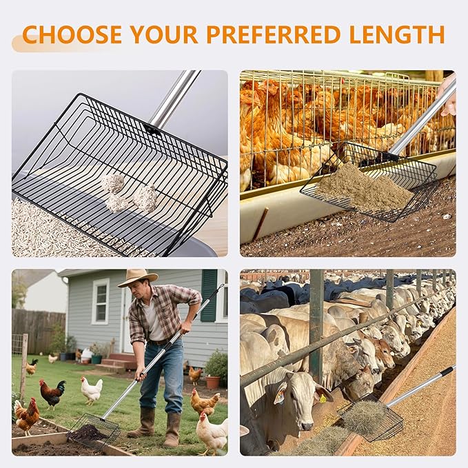 10inch Large Chicken Poop Scooper,36 to 67" Adjustable Long Chicken Coop Litter Metal Scoop with Stainless Steel Handle,5-in-1 Detachable Poop Shovel for Sand,Pet,Chicken,Cat Cleaning Tools.