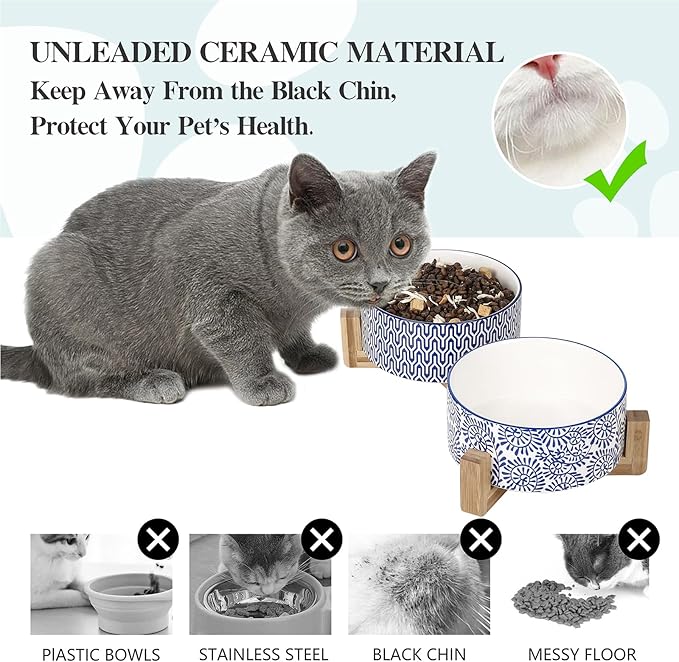 Selamica Ceramic 30 OZ Dog Bowls, Dog Food and Water Bowls with Wooden Stand, Anti-Slip Dog Dishes Set for Cats Small & Medium Sized Dogs, Weighted Pet Bowls Set of 2, Vintage Blue A