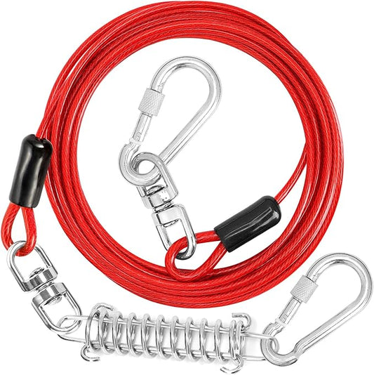Jenico Dog Tie Out Cable, 10-150FT Runner Cable with Swivel Hook and Shock Spring, Yard & Camping Dog Leash Tether for Small to Medium Pets Up to 500 LBS