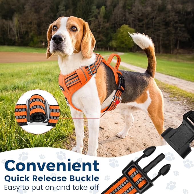 Funfox Dog Harness No Pull, Adjustable Pet Vest Harness, Super Soft Material with Vertical Handle Easy Control, Reflective Night Walking, 2 Leash Clips for Small Sized Dogs, Orange, S
