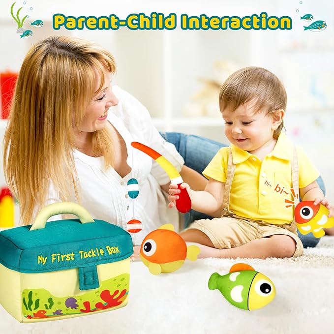 KMUYSL Baby Toys 6-24 Months, My First Tackle Box Plush Toys -4 Pcs Sensory Playset Soft Toys with Squeaker Crinkle for 6-24 Months Newborn Infant, Birthday for Boys Girls