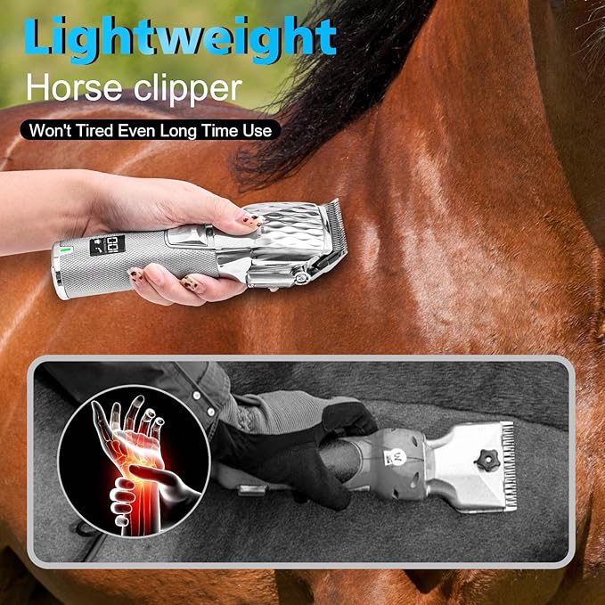 Horse Clippers, Cordless Trimmers Grooming Kit with 2500mAh Battery，Low Noise Heavy Duty Body Clipping Machine with LED Display, Suitable for Horse, Cattle, Cat, Dog with Thick/Tangled Coat