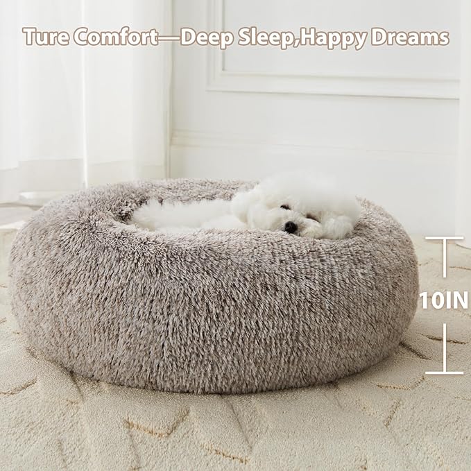 WNPETHOME Calming Dog Bed Cat Bed Donut, Faux Fur Pet Bed Self-Warming Donut Cuddler, Comfortable Round Plush Dog Beds (30 x 30 x 10 Inch, Light Coffee)