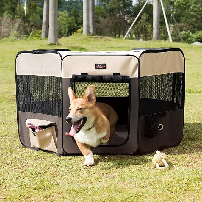 Aivituvin Dog Playpen, Foldable Pet Play Pens with Carrying Bag for Cat, Puppies, Rabbits, Portable Dog Tent Crates Cage for Travel Camping Indoor Outdoor, Removable Shade Cover, Brown M