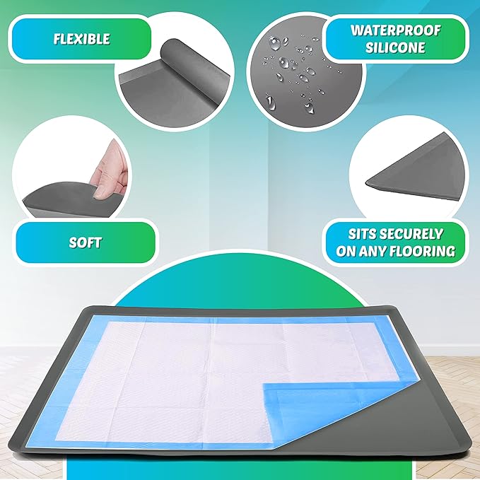 TidyFriend Dog Pee Pad Holder Tray Fits for 27.5” x 44” Wee Wee Pee Pads - Stable Grip, Raised Edges, Quick-Wipe Silicone Surface Dog Potty Tray Holder for Indoor Flooring Protection (Grey)