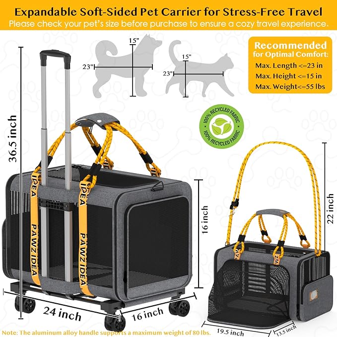 PAWZIDEA Expandable Pet Carrier with Wheels, 24x16x16in Large Cat Carrier for 2 Cats, Soft-Sided Dog Carriers for Small Medium Dog, Collapsible Rolling Travel Bag w/Telescopic Handle, Shoulder Straps