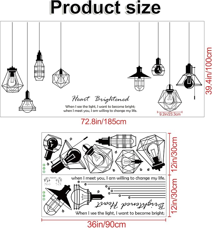 Removable 8pcs Hanging Black Vinyl Chandeliers Wall Sticker Quotes Heart Brightened Wall Decal DIY Peel and Stick Decor for Kids Boys and Girls Bedroom Living Room Studyroom Playroom Classroom