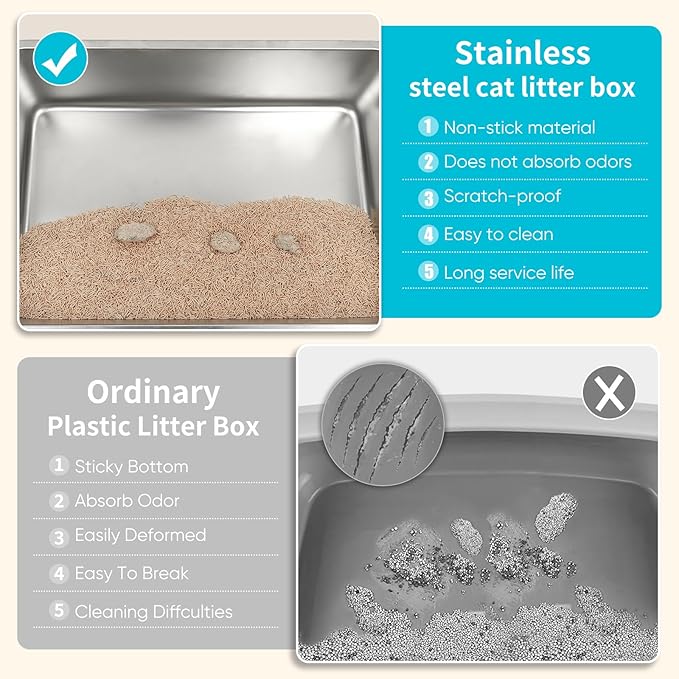XL Stainless Steel Cat Litter Box with High Sided Lid for Big Cats, 23.5"L x 15.5"W x11.8"H, Metal Kitty Litter Tray with Scoop and Filter Pedal, Leak-Proof,Odorless,Non-Stick,Easy Cleaning