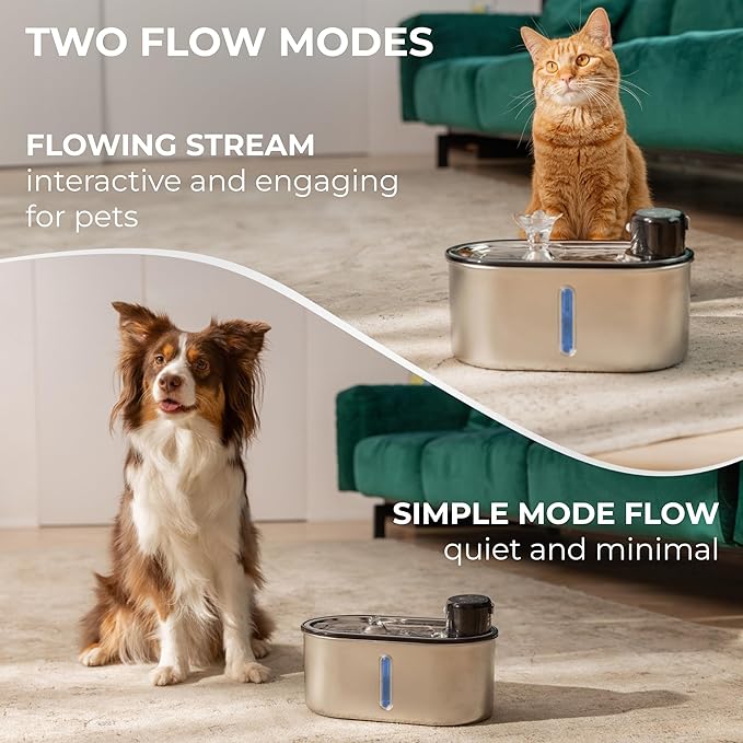 Wireless Cat Water Fountain Stainless Steel, 5200mAh Battery, Ultra Quiet, Automatic Pet Water Dispenser, 108oz/3.2L, Two Flow Modes, BPA-Free, Multi-Filtration, Includes 2 Filters- Creamy