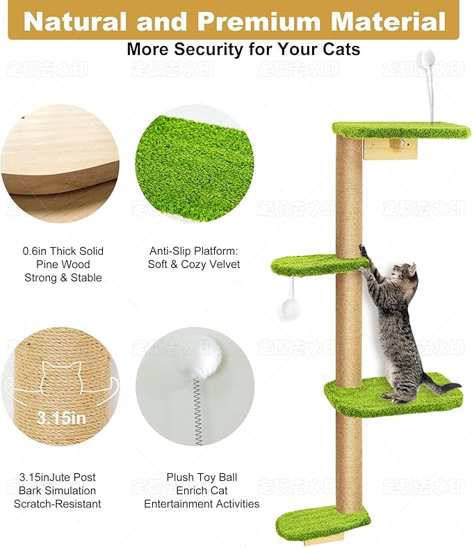 Cat Wall Climber and Floating Shelves, Wall Mounted Cat Tree for Kittens & Cats Up to 30lbs, 4-Tier Adjustable Design with Green Plush Pads