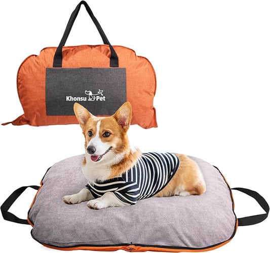 Portable Waterproof Dog Mat for Camping, Patio & Travel - Foldable Outdoor Dog Bed with Teflon Shell & Removable Plush Pad - Easy Clean, Durable - M (Bright Orange)